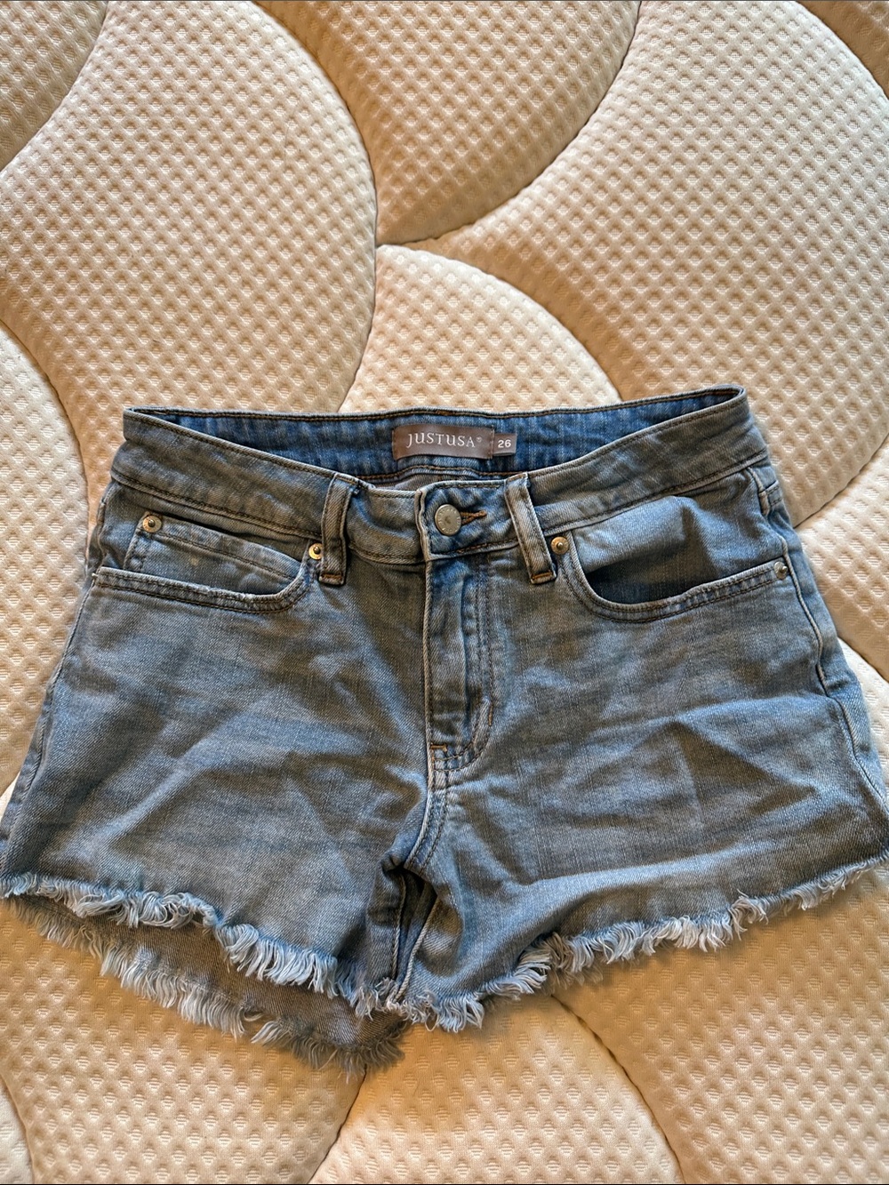 Just USA Washed Blue Denim Cutoff Shorts with Frayed Hem